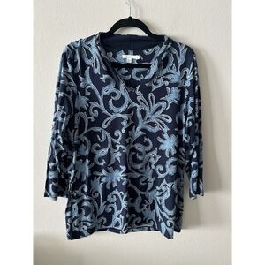 Chico's Tunic Women's Size L Blue 3/4 Sleeve Artsy V~neck Coastal Abstract